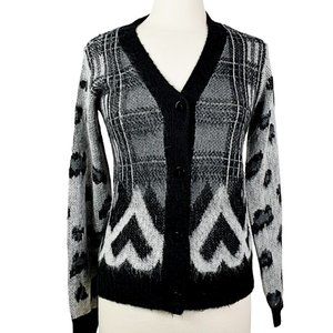 Tahari Plaid Black and Grey Leopard Print Sleeves Soft Cardigan